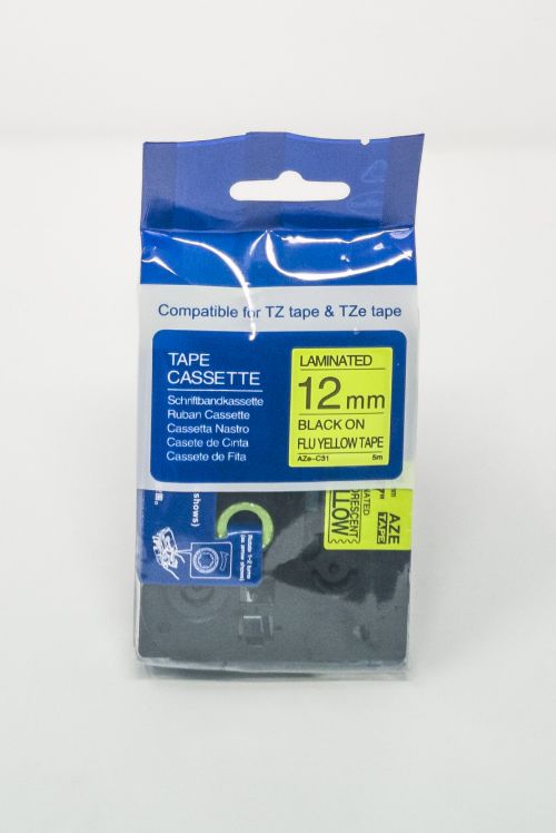 Brother TZe-C31-COM Compatible Label Tape 5m(l) x 12mm(w) Black on Fluorescent Yellow