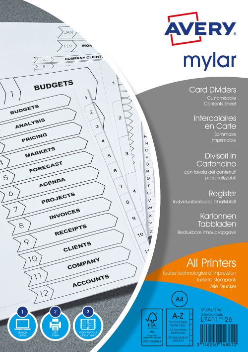 Avery Mylar A-Z Reinforced Divider Multi Punched A4 05231061