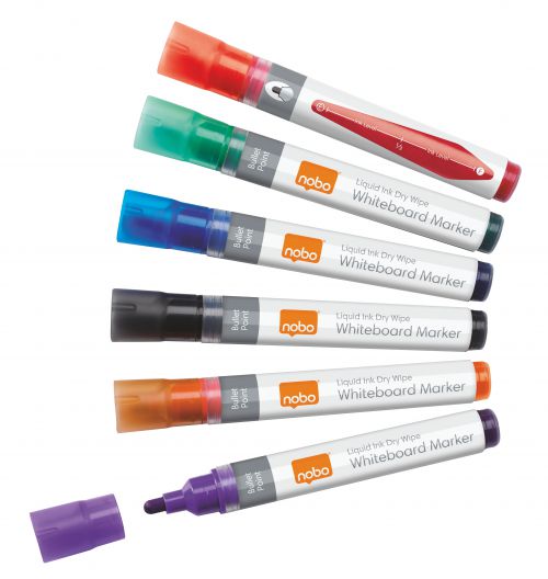 Nobo Liquid Ink Dry Markers Assorted Standard Tip 1901077 (PK6)