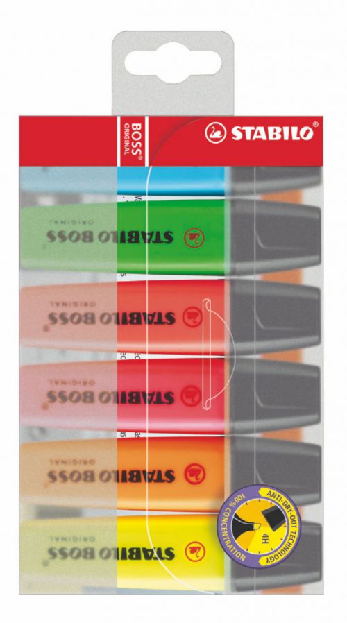 Stabilo Boss Highlighters Chisel Tip 2-5mm Line Asrtd PK6