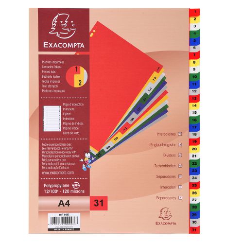 Exacompta PP A4 Index 1-31 White with Coloured Tabs