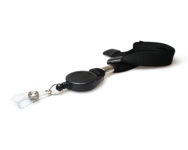16mm Black Tubular Flexiweave Breakaway Lanyard with Black Badge Reel & Reinforced Strap Clip - Pack of 50