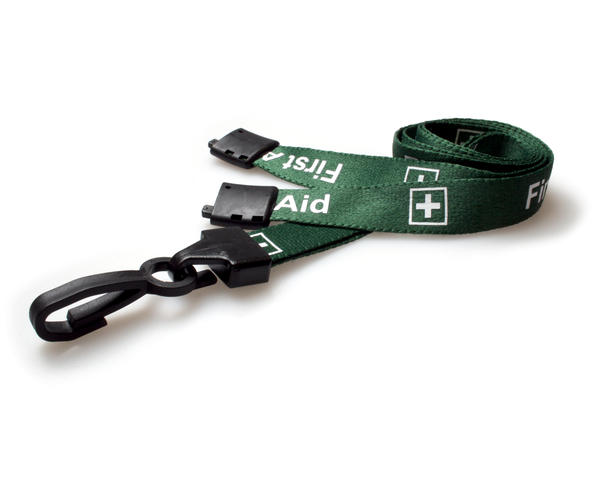 15mm Green First Aid Lanyards with Plastic J Clip (Pack of 100)
