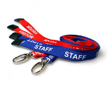 Load image into Gallery viewer, 15mm 50 Royal Blue Staff &amp; 50 Red Visitor Lanyards with Metal Lobster Clip (Pack of 100)