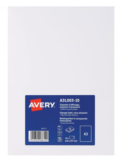 Avery A3L003-10 Clear Disp Label A3 Removable and Repos PK10