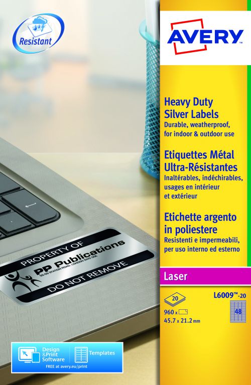 Avery HD Label 45.7x21.2mm Silver L6009-20 48 p/sht PK960
