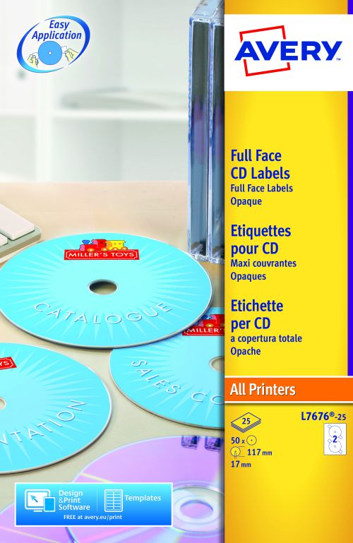 Avery Full Face CD Laser Labels 117mm DIA L7676-25(50Labels)