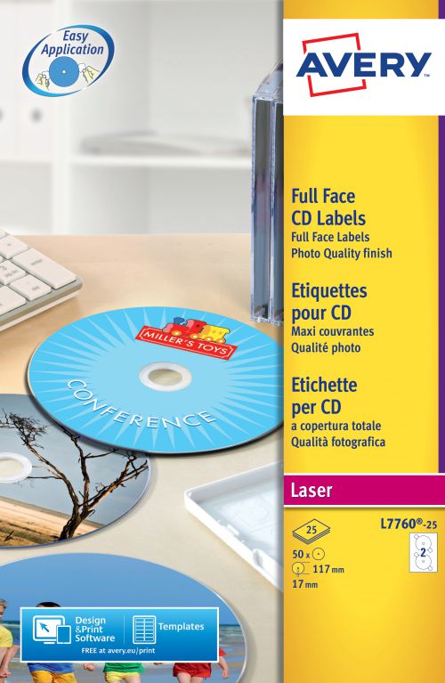 Avery Full Face CD Glossy Laser 117mm DIA L7760-25(25Labels)